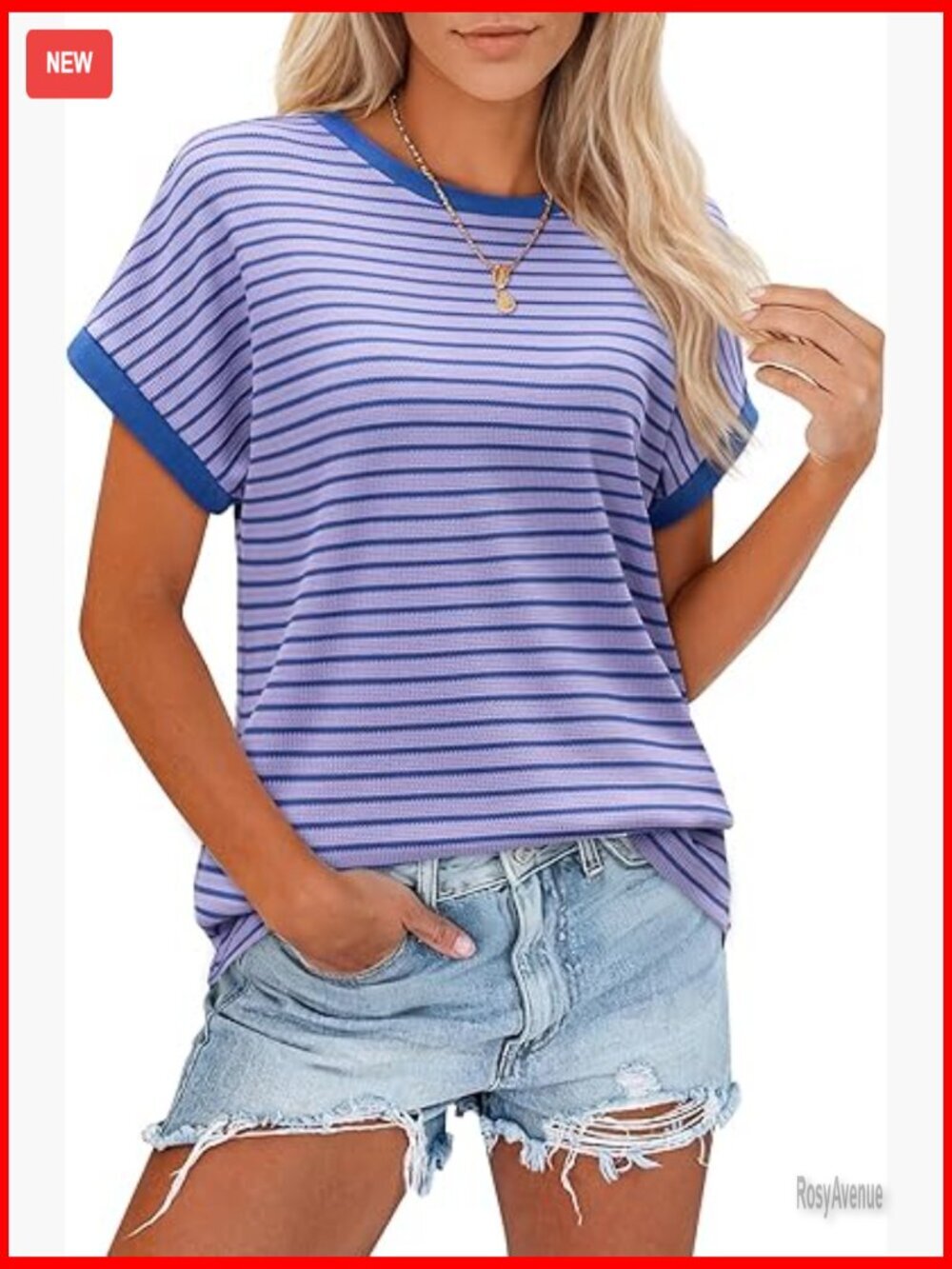 Short Sleeve Crochet Top Ribbed Knit Tee Crewneck Striped Blouse Casual
